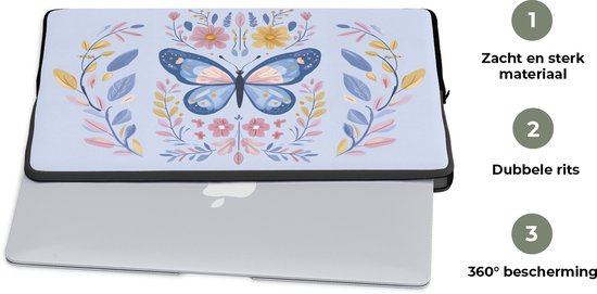 Laptophoes 14 inch - Vlinder - Lichtblauw - Sierlijk - Bloemen - Laptop sleeve - Binnenmaat 33x23 cm - Zwarte achterkant