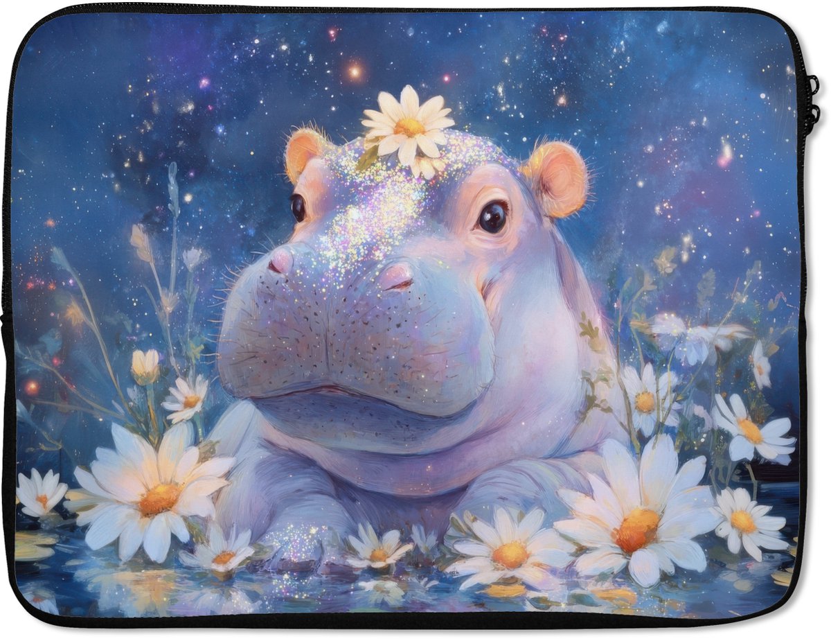 Laptophoes 15.6 inch - Nijlpaard - Madeliefjes - Sterrenhemel - Laptop sleeve - Binnenmaat 37x26 cm - Zwarte achterkant