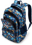 Blauwe rugzak met veelkleurig geometrisch patroon, open compartimenten. Zijkant met mesh vak.