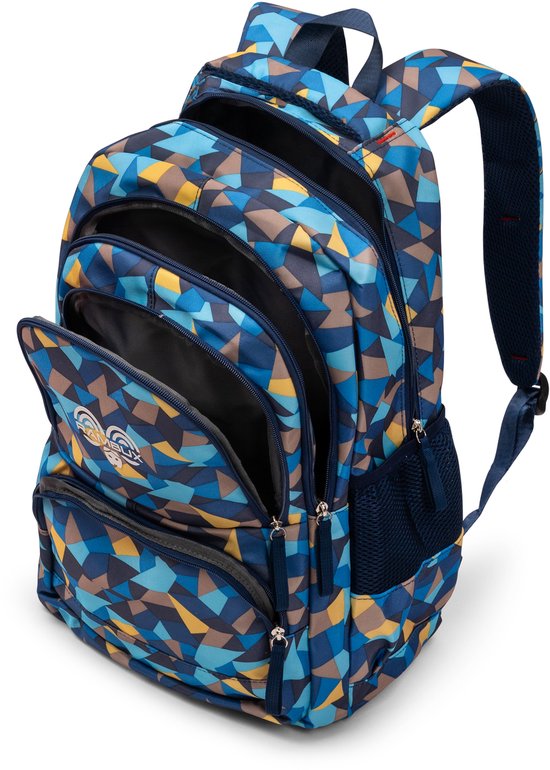 Blauwe rugzak met veelkleurig geometrisch patroon, open compartimenten. Zijkant met mesh vak.
