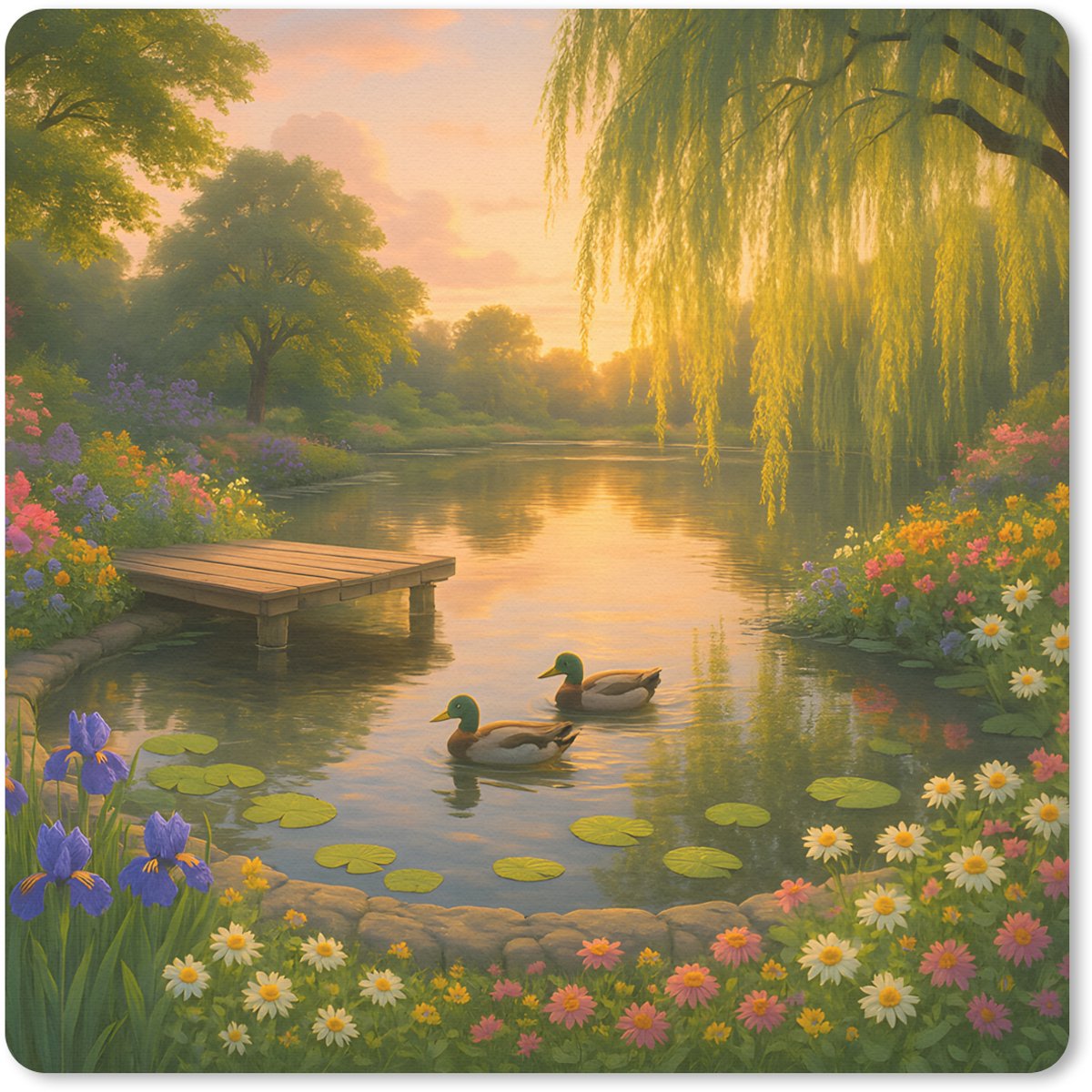 Muismat 20x20 cm - Mousepad Eenden - Vijver - Bloemen - Muismatten