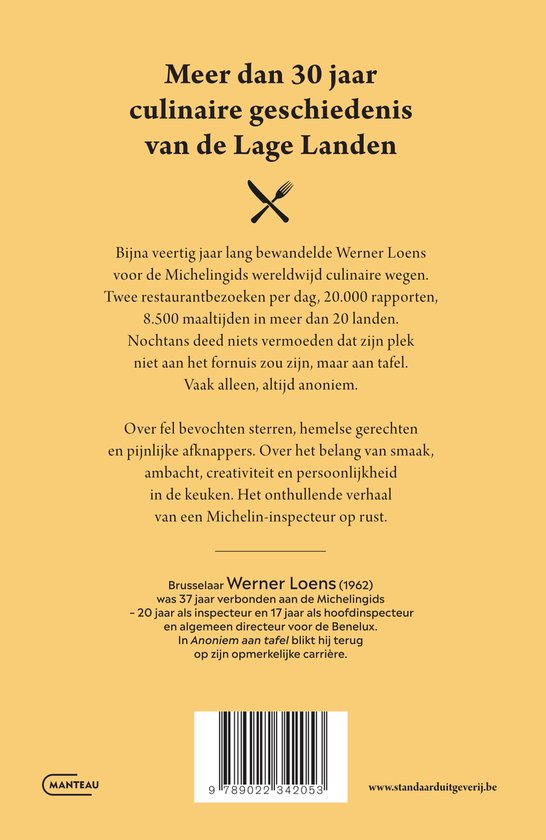 Achterkant van het boek 'Anoniem aan tafel' met tekst over de culinaire geschiedenis van Werner Loens.