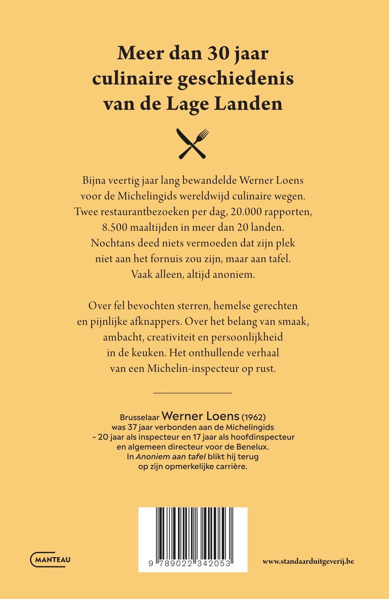 Achterkant van het boek 'Anoniem aan tafel' met tekst over de culinaire geschiedenis van Werner Loens.