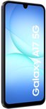 Schuin aanzicht van een zwarte Samsung Galaxy A17 5G smartphone met een blauwgroen abstract behang.