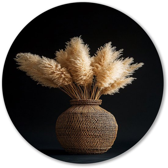 Pampasgras in rotan vaas - Pampas muurdecoratie rond - Wandbord gras - Minimalisme - Forex cirkels aan de muur - Decoratie voor kinderkamer - muurcirkel forex 60x60 cm