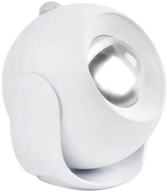 Witte draaibare nachtlamp met sensor en lens.