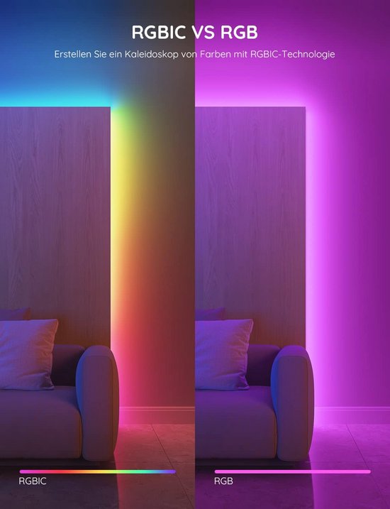 Govee Ledstrip, bluetooth RGB ledstrip met app-bediening, kleurverandering, muzieksynchronisatie, 64 scènemodi, lichtketting voor slaapkamer, woonkamer, huis, bar, party, feest, 20 meter (energieklasse A