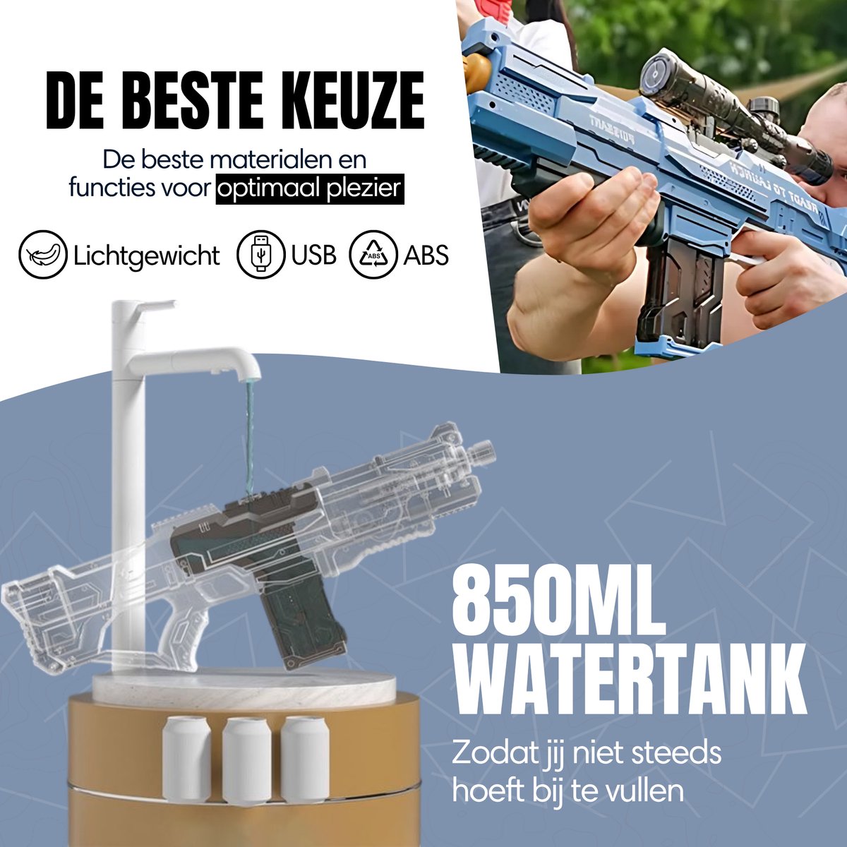 Modito Automatisch Waterpistool met Vizier Blauw - Elektrisch Waterpistool - Watergeweer - Super Soaker - Watergun - Buitenspeelgoed — afbeelding 4