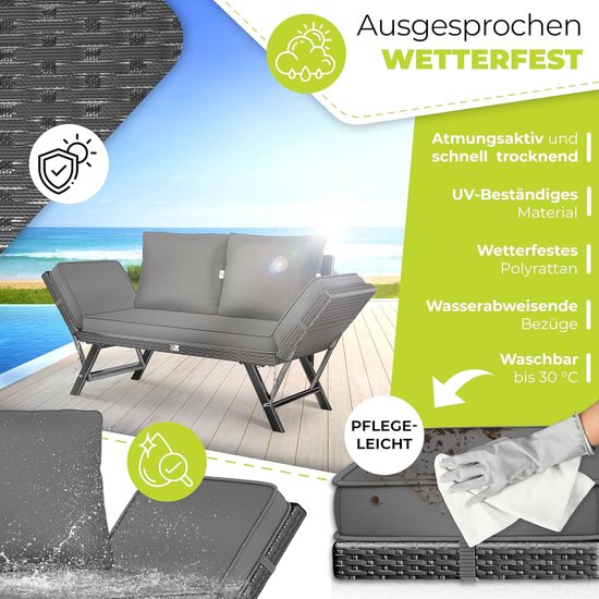 Grijze polyrattan tuinbank met waterafstotende kussens, weersbestendig en UV-bestendig materiaal.