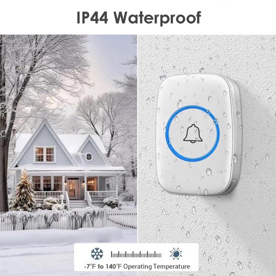 Draadloze deurbel - Waterdichte deurbelset - Onderscheidt voor- en achterdeur - Bereik van 300 m - 60 beltonen - 5 volumeniveaus en LED-flitser - EU-stekker - Waterdichtheid IP44 - Geschikt voor thuiskantoren en klaslokalen - Wit — afbeelding 2