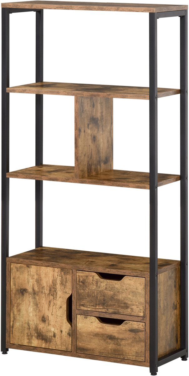 Homcom Boekenplank-Metaal, Melamina de Madera-58x24x122 cm-Bruin Rústico