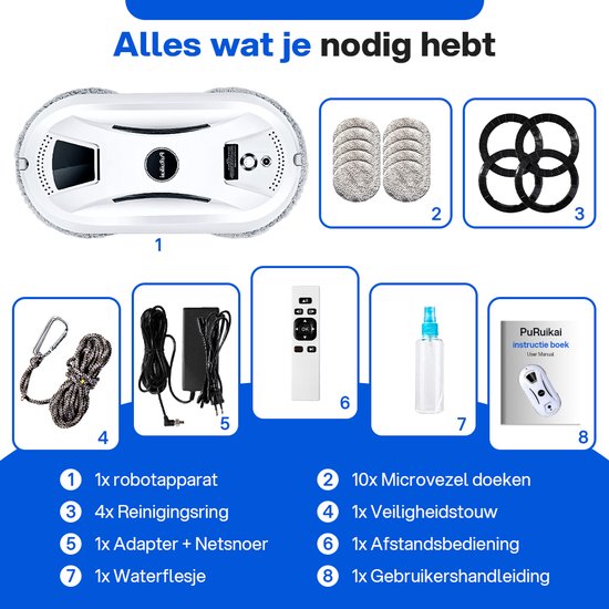 De inhoud van de doos: robot, 10x microvezeldoeken, 4x reinigingsringen, veiligheidstouw, adapter, afstandsbediening, waterflesje, handleiding.