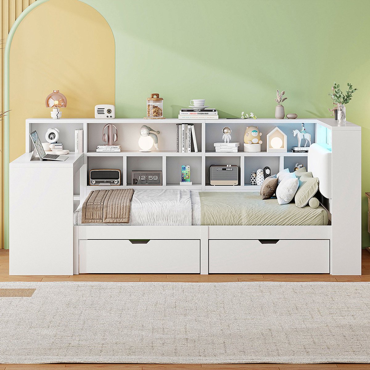 Pugsdrly L-vormig houten platformbed 90x200 met bureau en boekenkast, hoekbed met gestoffeerd hoofdeinde, lades onder het bed, ledverlichting - Wit