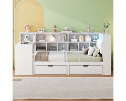 Pugsdrly L-vormig houten platformbed 90x200 met bureau en boekenkast, hoekbed met gestoffeerd hoofdeinde, lades onder het bed, ledverlichting - Wit