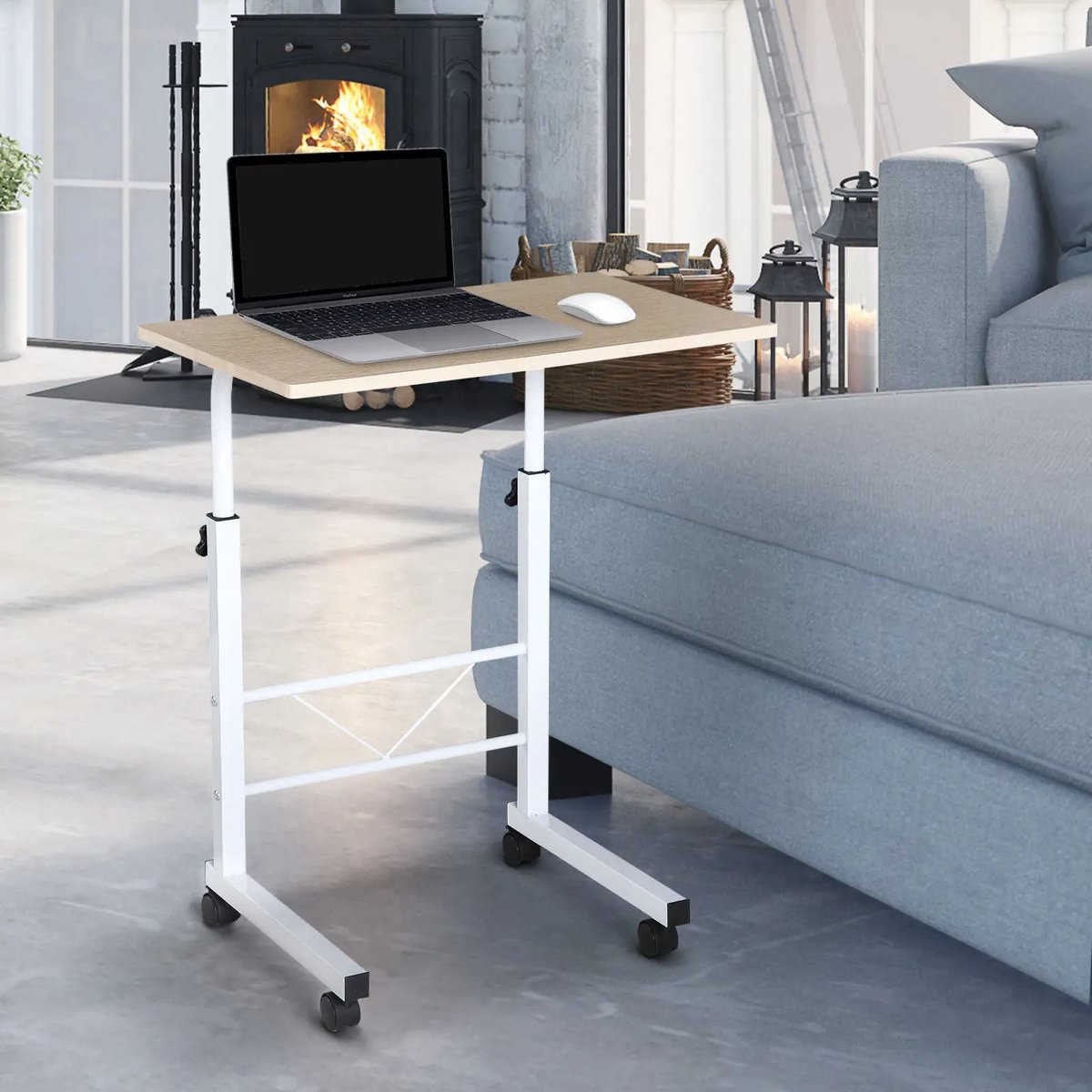 Pugsdrly Bijzettafel, in hoogte verstelbare salontafel, mobiel bureau met wielen, remmen, C-tafels, spaanplaat, staal, kunststof, witte esdoornkleur, 60 x 40 x 68-78 cm