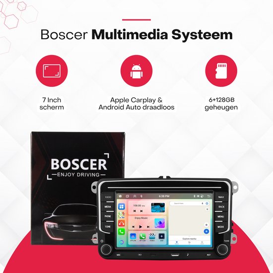 Boscer Multimedia Systeem met 7 inch scherm, Apple CarPlay & Android Auto, en 6+128GB geheugen.