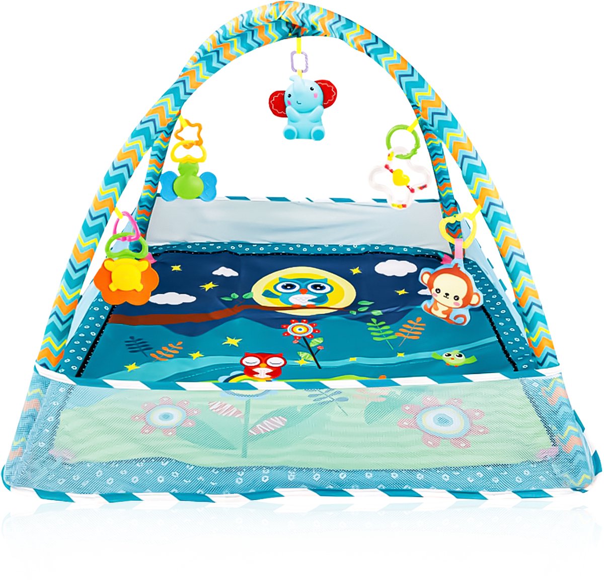 Velox Goods VL-506 Baby Gym – Interactieve Speelmat voor Baby's – Educatief en Veilig Ontwerp – Geschikt voor Baby's vanaf 3 Maanden – Inclusief Hangspeeltjes, ballen en Netstof Zijwanden – Blauw