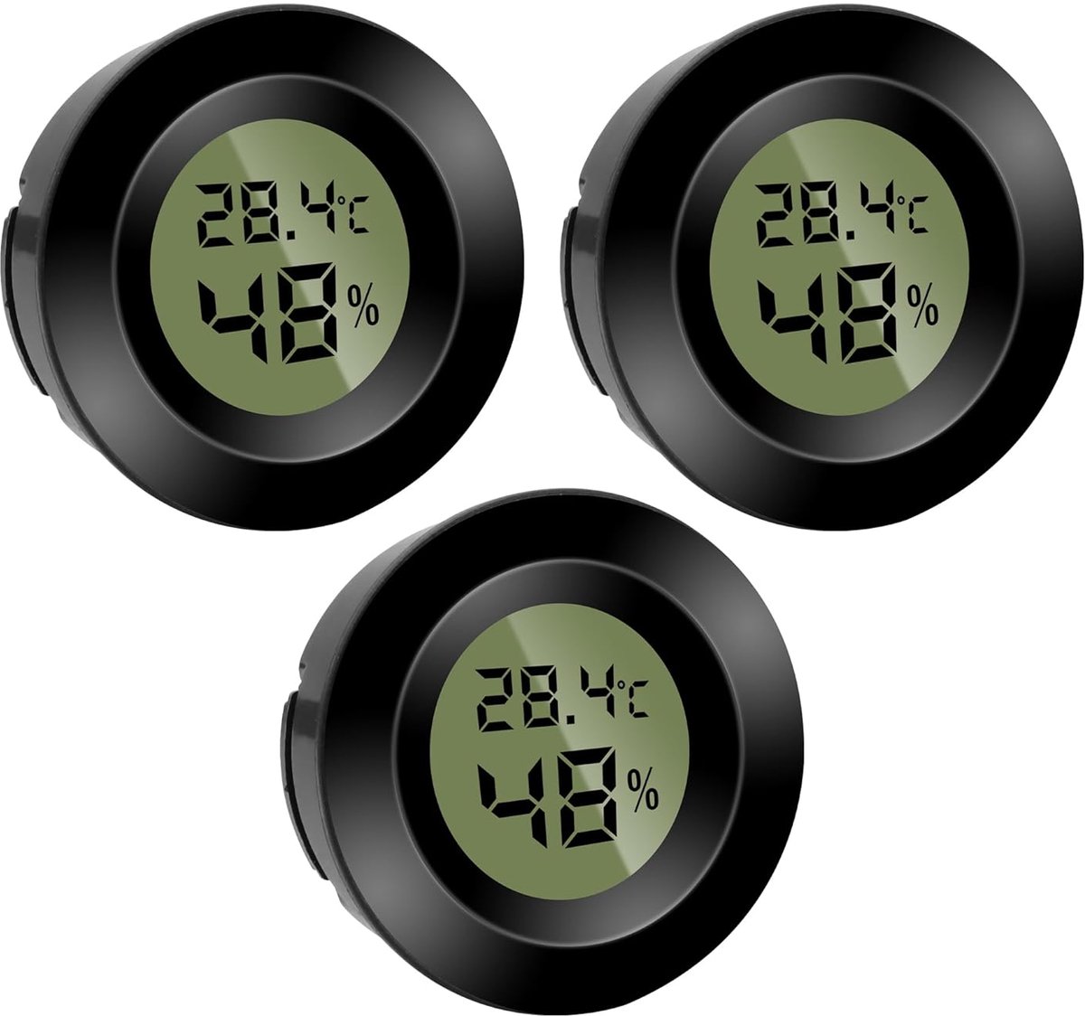 Set van 3 stuks - LCD digitale thermometer en hygrometer - rond ingebouwd - geschikt voor binnen/kweekmonitoringbox/reptielenbox/auto/kas - speciale temperatuur- en vochtigheidsmonitor voor reptielen als huisdier acrylbox - zwart