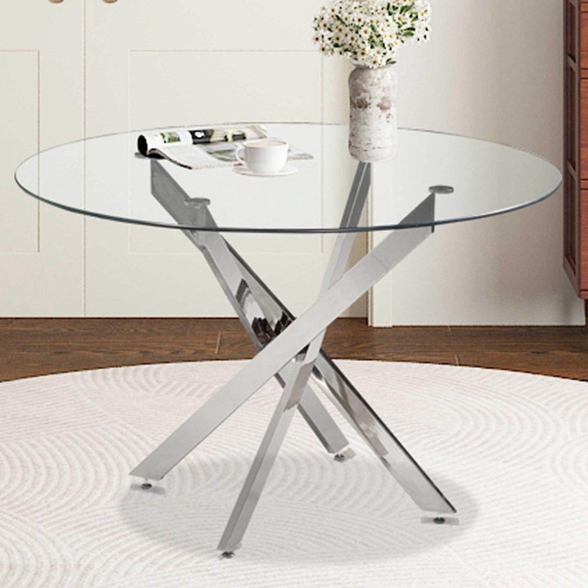 Rousseau Tafel 'Lasi' 120 cm Rond Glas, Poten Chroom Transparant