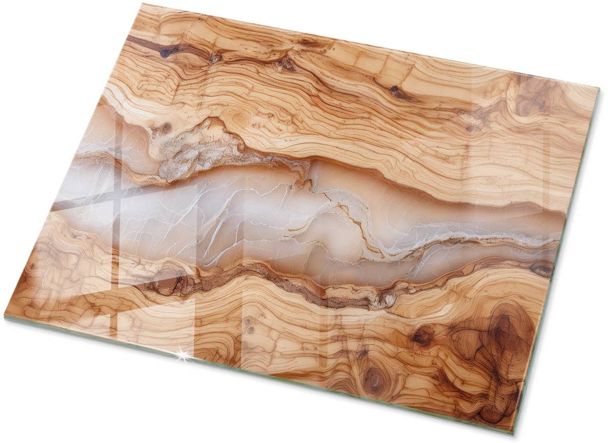 Tulup Tafelblad Glas - Natuurlijk Hout Met Hars Veiligheidsglas - 80 cm x 60 cm - Beige Gehard Glas - Rechthoekig Tafelblad Glas - Glazen Tafelblad Geschikt voor de Keukentafel - Glazen Plaat