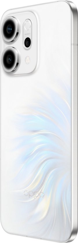 Oppo Reno14 5G in Opal White met een subtiel, gebloemd patroon op de achterkant en een dubbele cameralens.
