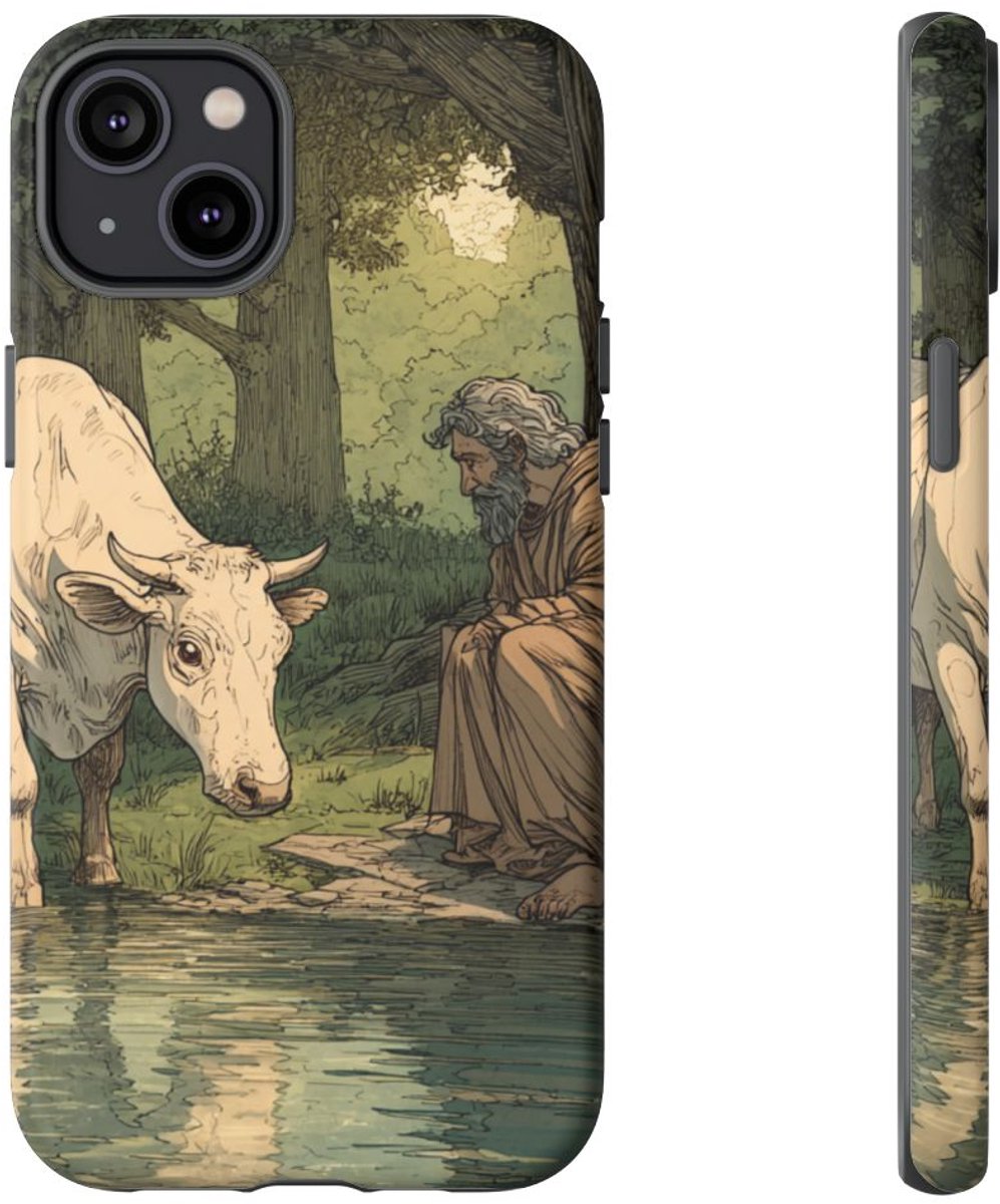Witte Koe en Bebaarde Man aan Rivieroever – Telefoonhoesje Geschikt voor iPhone 14 Plus
