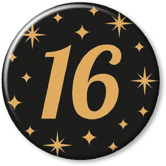 BTH - Buttons - 16 Jaar - Goud-Zwart - Badge - Speld - Verjaardag - Decoratie - Versiering - Sweet 16 Versiering - Button