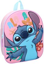 Roze rugzak met Stitch en "Aloha"-print. Stitch heeft grote ogen en handen.