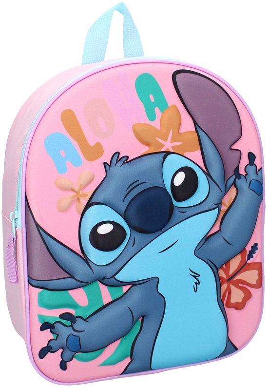 Roze rugzak met Stitch en "Aloha"-print. Stitch heeft grote ogen en handen.