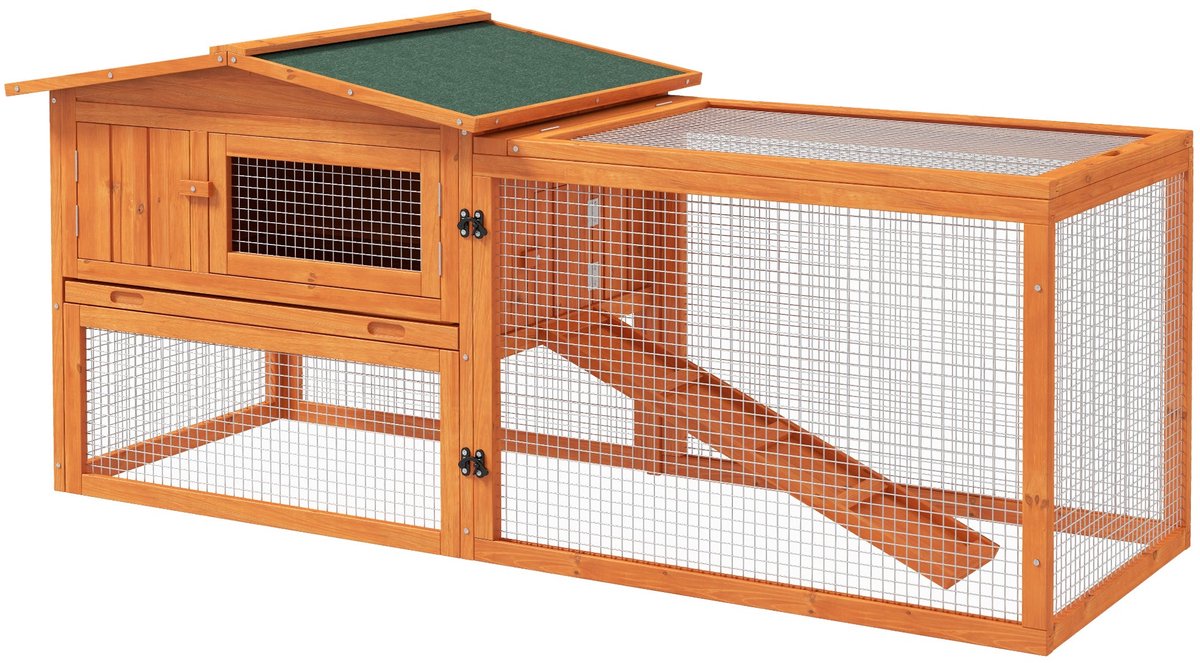 Merax Konijnenhok Buiten met Ren 156x58x68 cm – Houten Dierenhok met Asfaltdak Verwijderbare Bodemlade en Loopplank – Voor Konijn - Cavia of andere Kleine Dieren
