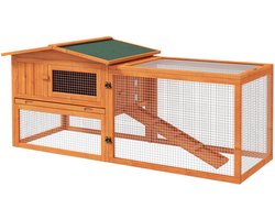 Merax Konijnenhok Buiten met Ren 156x58x68 cm – Houten Dierenhok met Asfaltdak Verwijderbare Bodemlade en Loopplank – Voor Konijn - Cavia of andere Kleine Dieren