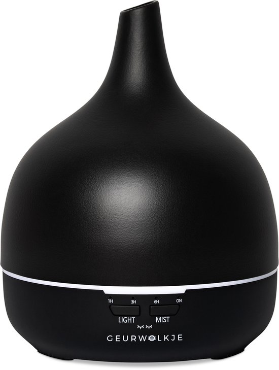 Zwarte ultrasone diffuser met een matte afwerking en witte bedieningsknoppen.