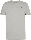 Grijs T-shirt met korte mouwen en een zwart logo op de borst.