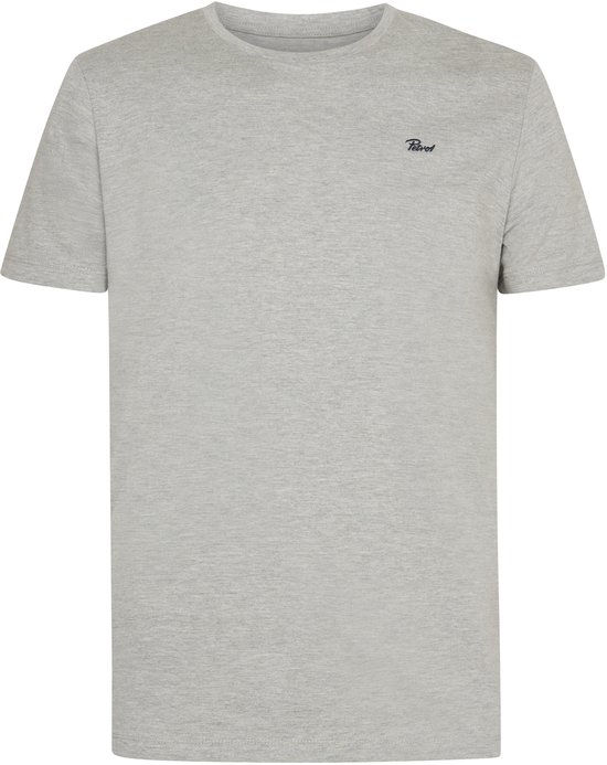 Grijs T-shirt met korte mouwen en een zwart logo op de borst.
