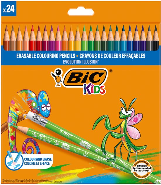 Pak van 24 BIC Kids Illusion kleurpotloden, met gekleurde tekeningen van een kameleon en bidsprinkhaan.