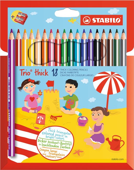 STABILO Trio thick 18 dikke kleurpotloden in heldere kleuren, verpakt met een strandtafereel.