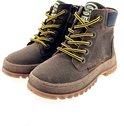 Paar bruine Develab halfhoge schoenen met gele veters en rits.