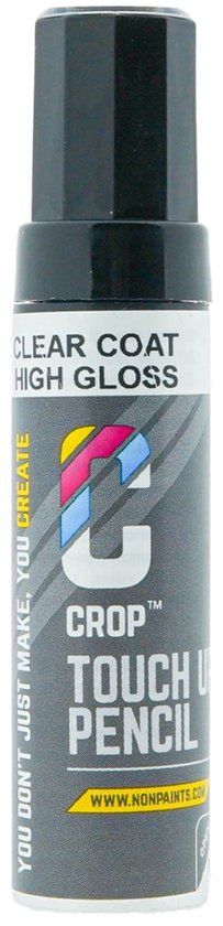 CROP lakstift, blanke lak, hoogglans, 12ml. Zwarte dop, grijs etiket met logo en tekst.