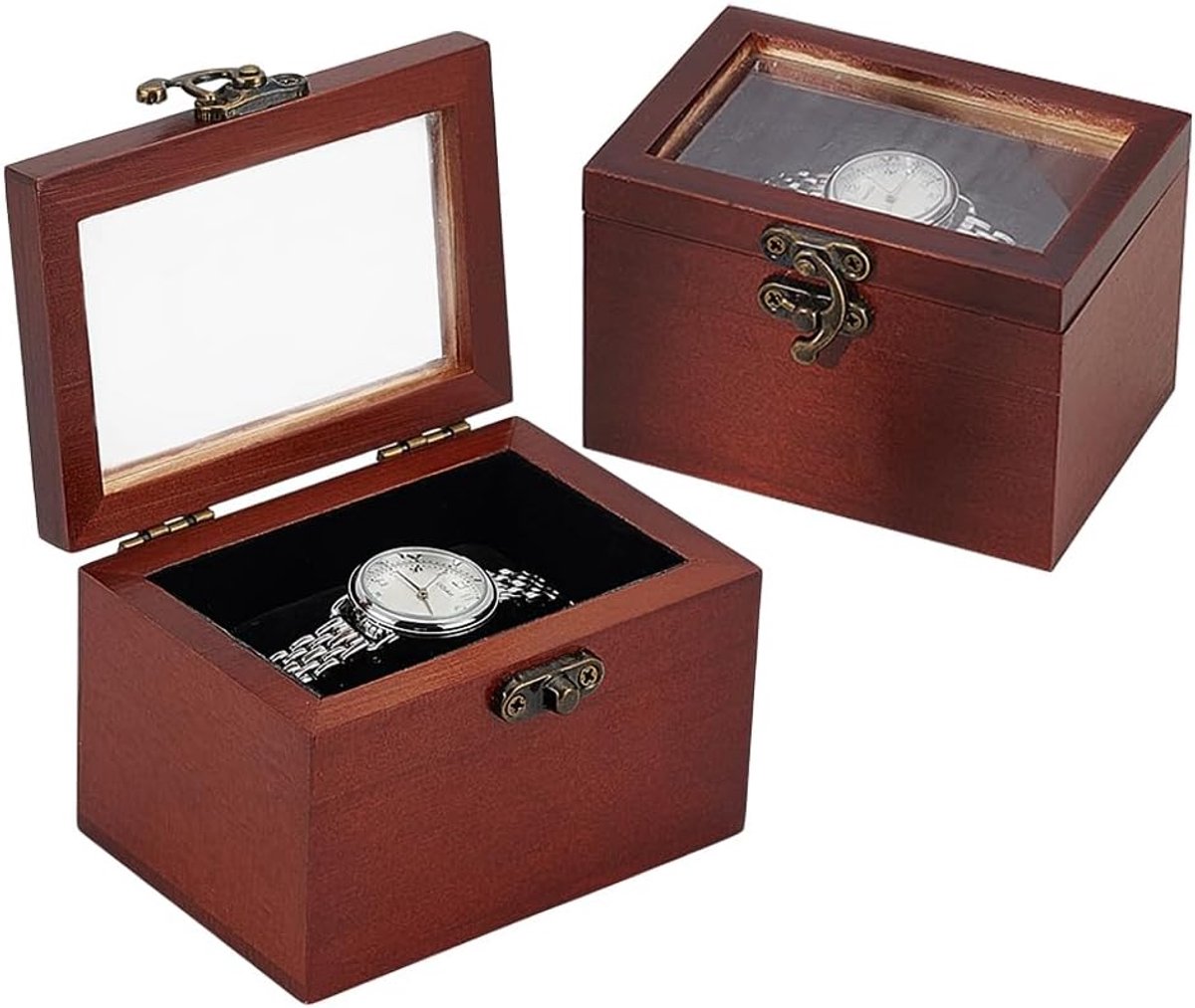 2pcs Watch Display Box - Vintage Style Wood Watch Organizer - Watch Jewelry Display Case met Pillow voor Mannen Vrouwen - Thuis Reizen Vaderdag 2.8x3.9x2.5 Inch