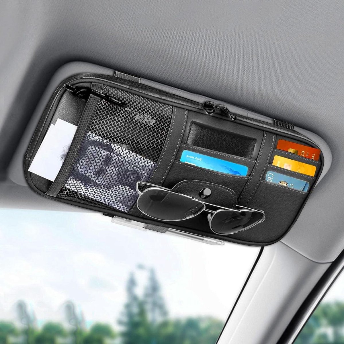 Organisateur Pare-soleil Voiture - Pochette De Rangement Pour Permis, Téléphone, Lunettes - Tissu PU Avec élastiques