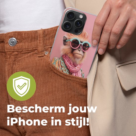Telefoonhoesje Geschikt voor iPhone 15 Pro Max hoesje - Sjaal - Aap - Zonnebril - Jasje - Siliconen Telefoonhoesje Telefoonhoesje