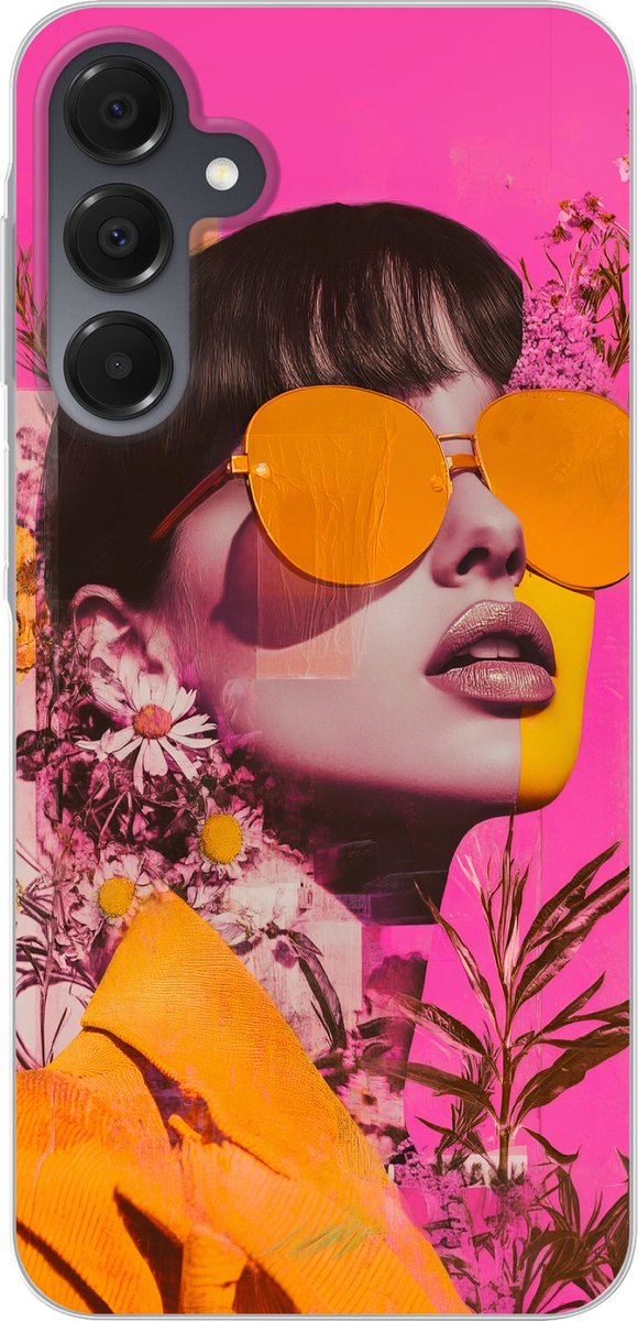 Telefoonhoesje Geschikt voor Samsung Galaxy A16 hoesje - Zonnebril - Oranje - Vrouw - Planten - Siliconen Telefoonhoesje Telefoonhoesje