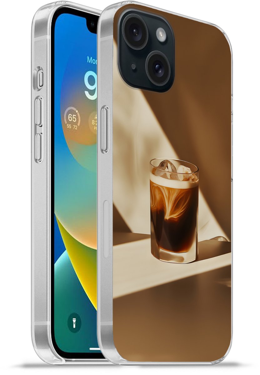 Telefoonhoesje Geschikt voor iPhone 15 hoesje - Glas - Ijskoffie - Schaduw - Bruin - Siliconen Telefoonhoesje Telefoonhoesje