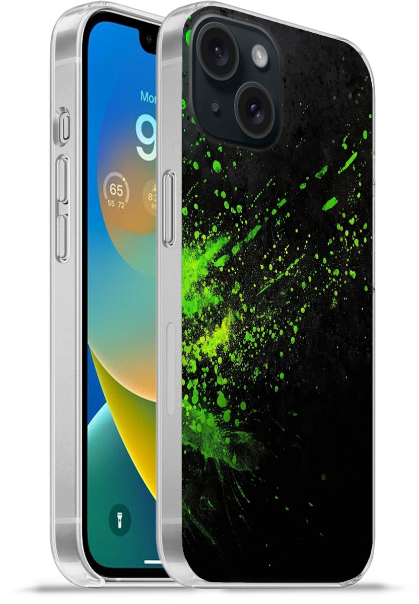Telefoonhoesje Geschikt voor iPhone 15 hoesje - Gaming - Spetters - Groen - Chaotisch - Groen - Siliconen Telefoonhoesje Telefoonhoesje