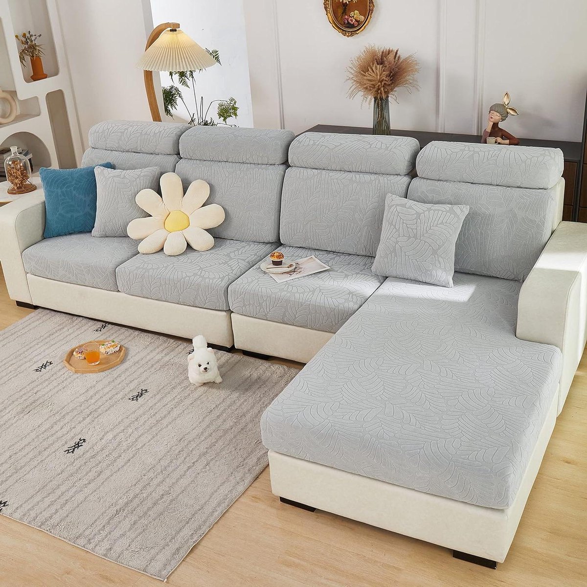 Allecto Plus - Universeel elastisch bankovertrek voor L-vormige chaise longue - Meubelbescherming en anti-slip met stretch - Bankkussen - Decoratieve bankbeschermer