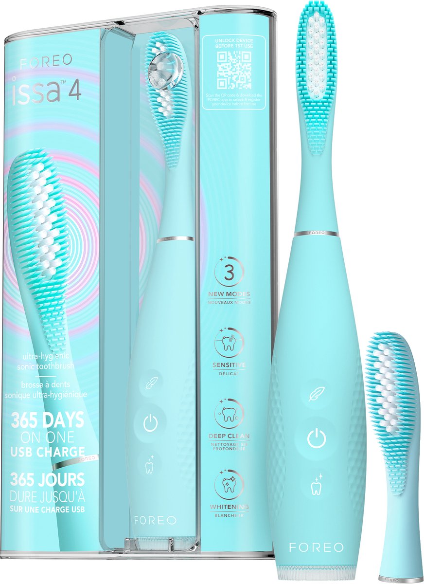FOREO ISSA 4 Sonische Elektrische Tandenborstel – 4-in-1 Oplaadbaar met Extra Borstelkop, Zachte Haren, Langdurig Gebruik, Zachte Reiniging - Artic Blue