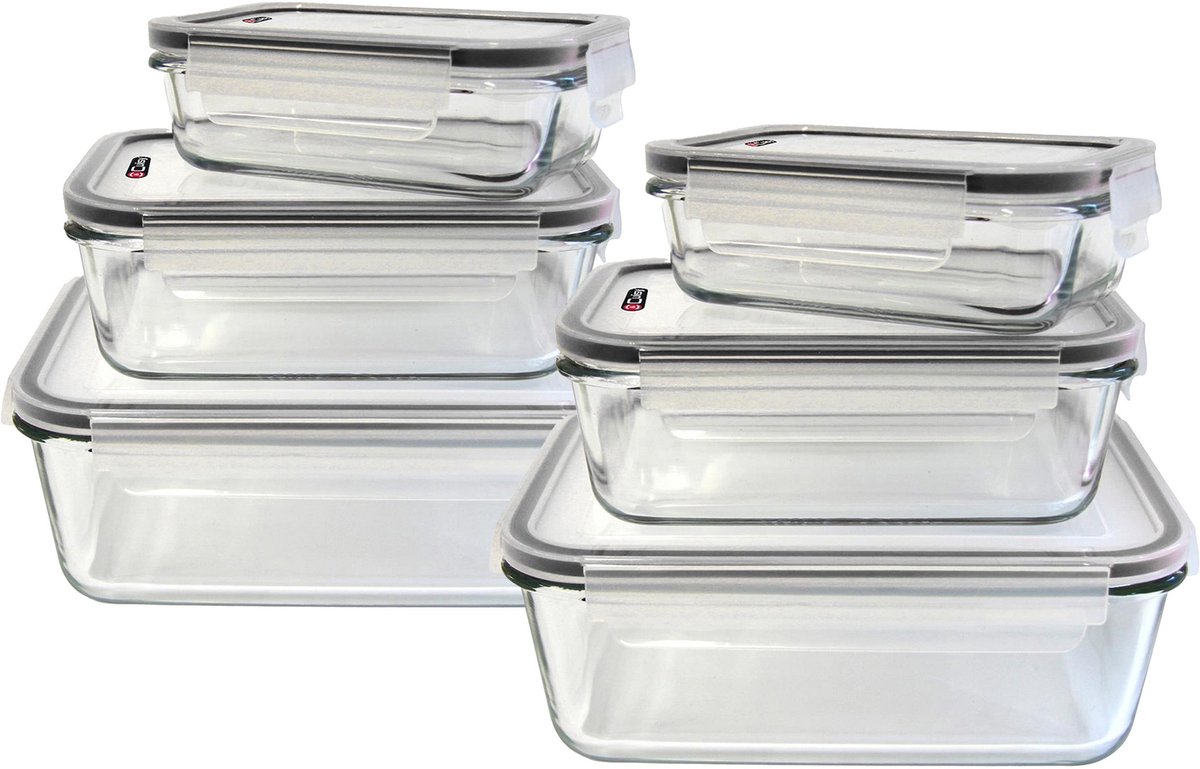 Cook Concept Vershoudbakjes met deksel - glas - set 6x stuks - 350/800/1800 ml - luchtdicht - met clips