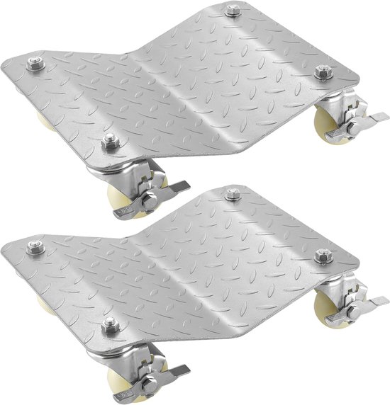 Twee zilverkleurige metalen autowieldollies met diamantprofiel en vier witte zwenkwielen, waarvan twee met rem, naast elkaar.