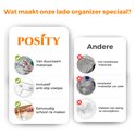 Vergelijking van Posity lade organizers met andere merken. Posity is duurzaam, anti-slip en makkelijk schoon te maken.