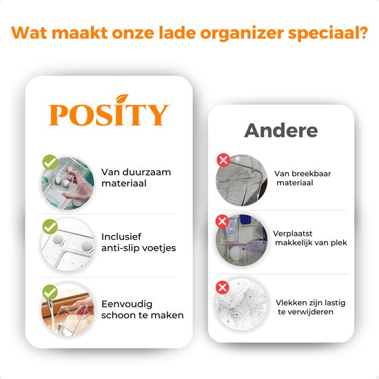 Vergelijking van Posity lade organizers met andere merken. Posity is duurzaam, anti-slip en makkelijk schoon te maken.